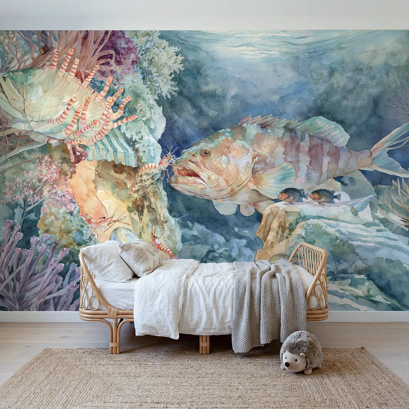 Watercolor cleaner shrimp barbershop in coral, wall mural for a playroom by Whimsy Tots