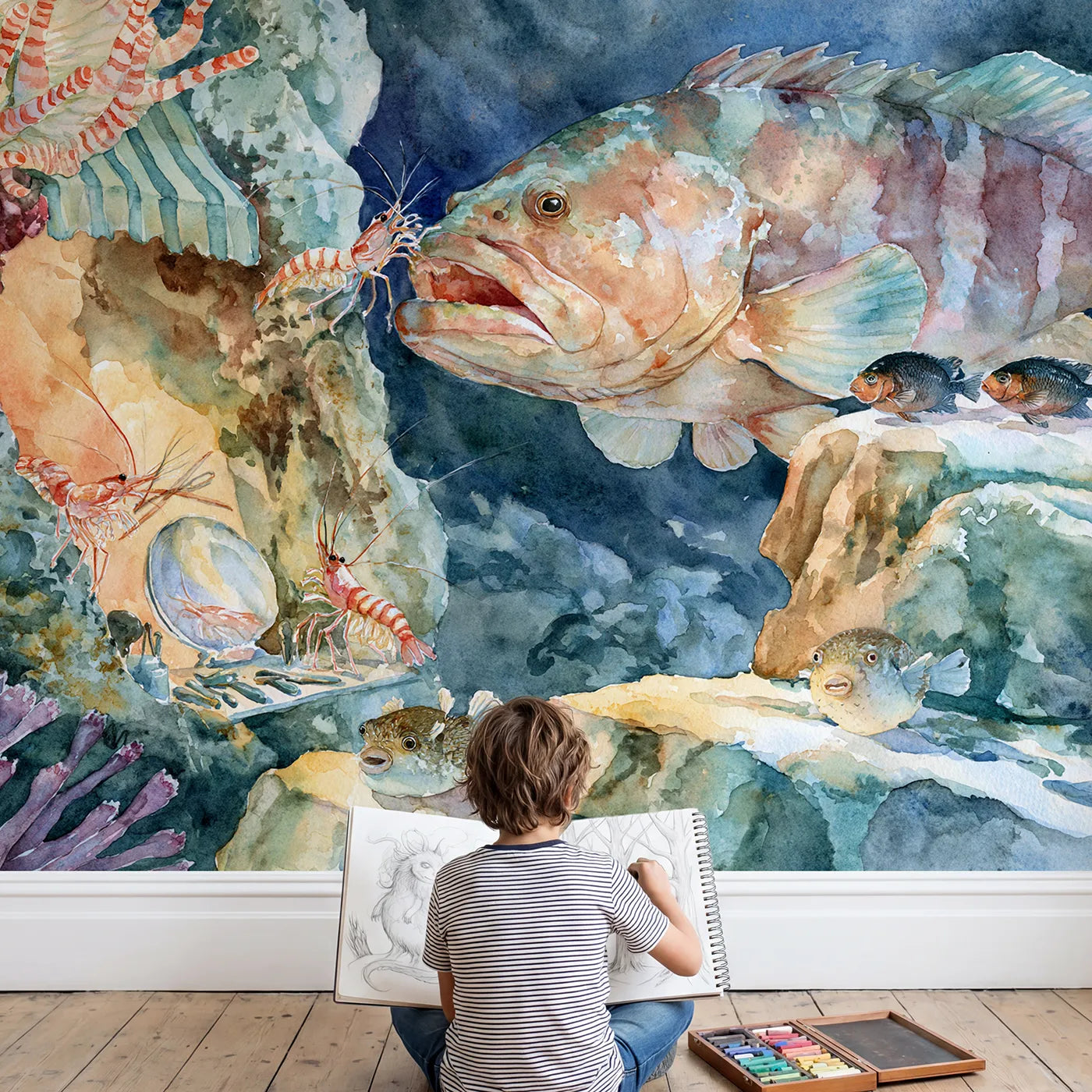 Child in nursery with The Cleaner Shrimp Barbershop Wallpaper Mural by Whimsy Tots