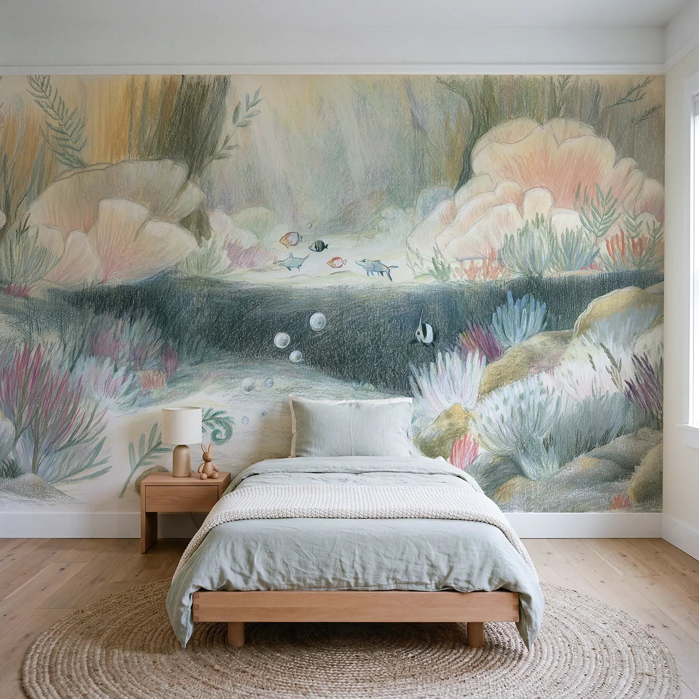Colored-pencil wall mural of sketched reef friends by Whimsy Tots