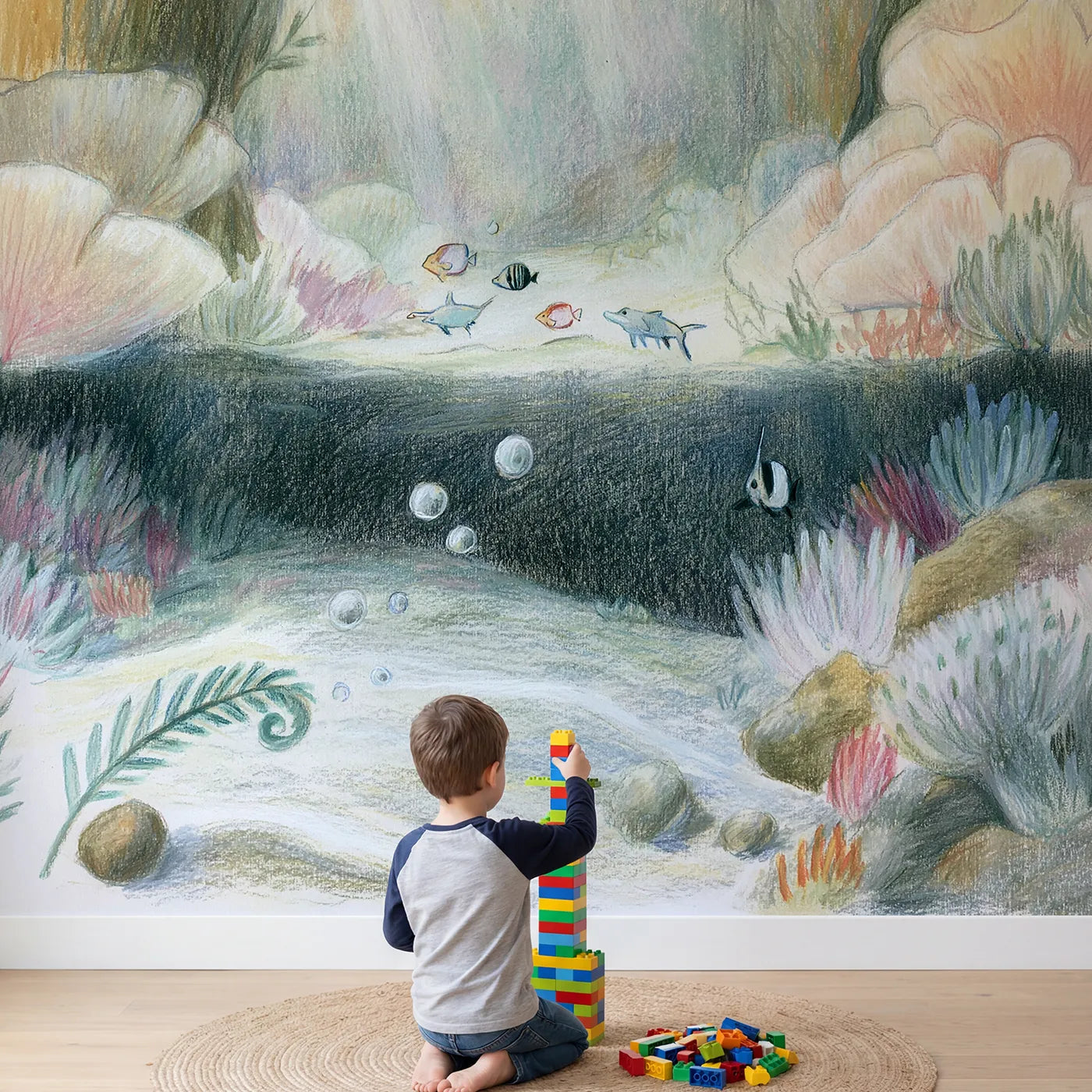 Child in nursery with Reef Friends Sketch Wallpaper Mural by Whimsy Tots