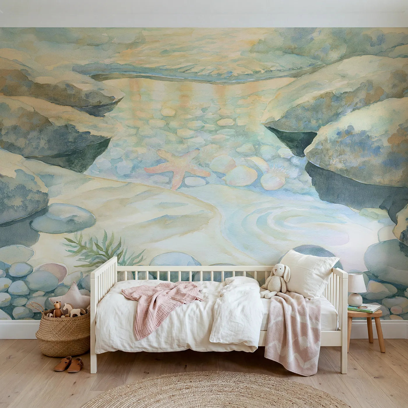 Watercolor wall mural of a quiet morning tide pool by Whimsy Tots