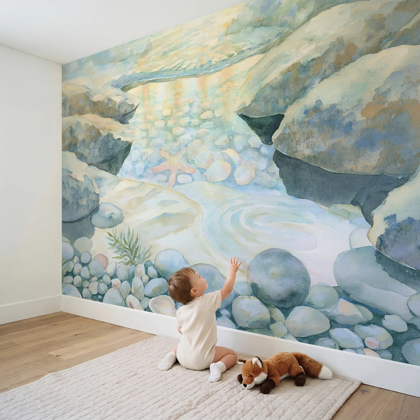 Child in nursery with Tide Pool Morning Wallpaper Mural by Whimsy Tots