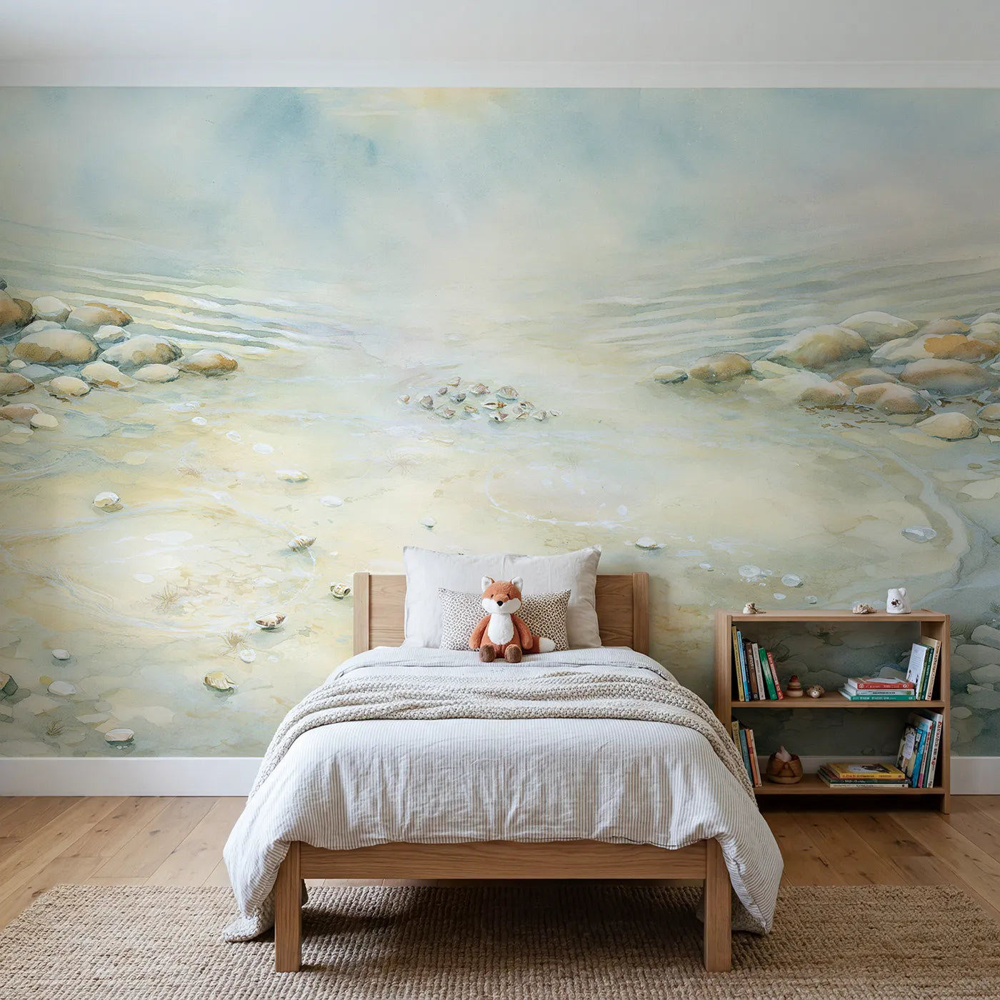 Watercolor wall mural of a calm sandy seabed by Whimsy Tots