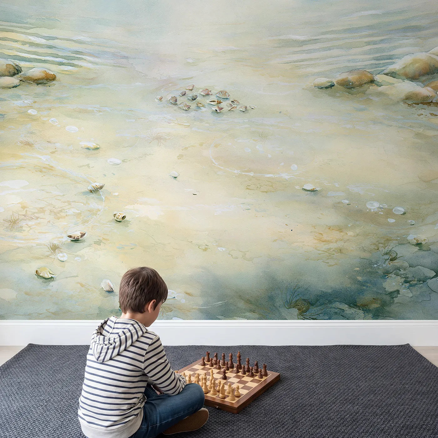 Child in nursery with Sandy Seabed Hush Wallpaper Mural by Whimsy Tots