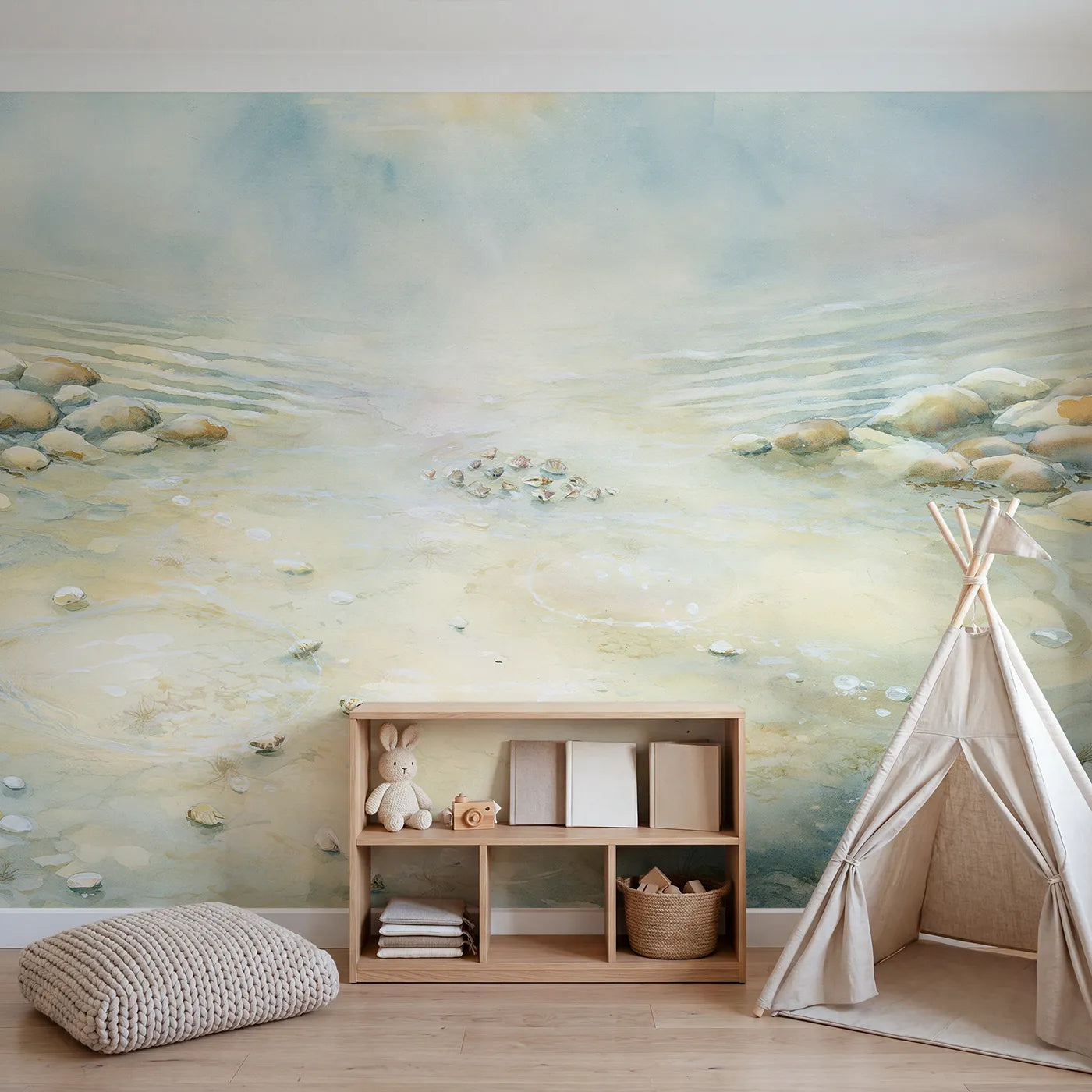 Sandy Seabed Hush Wallpaper Mural in playroom setting by Whimsy Tots