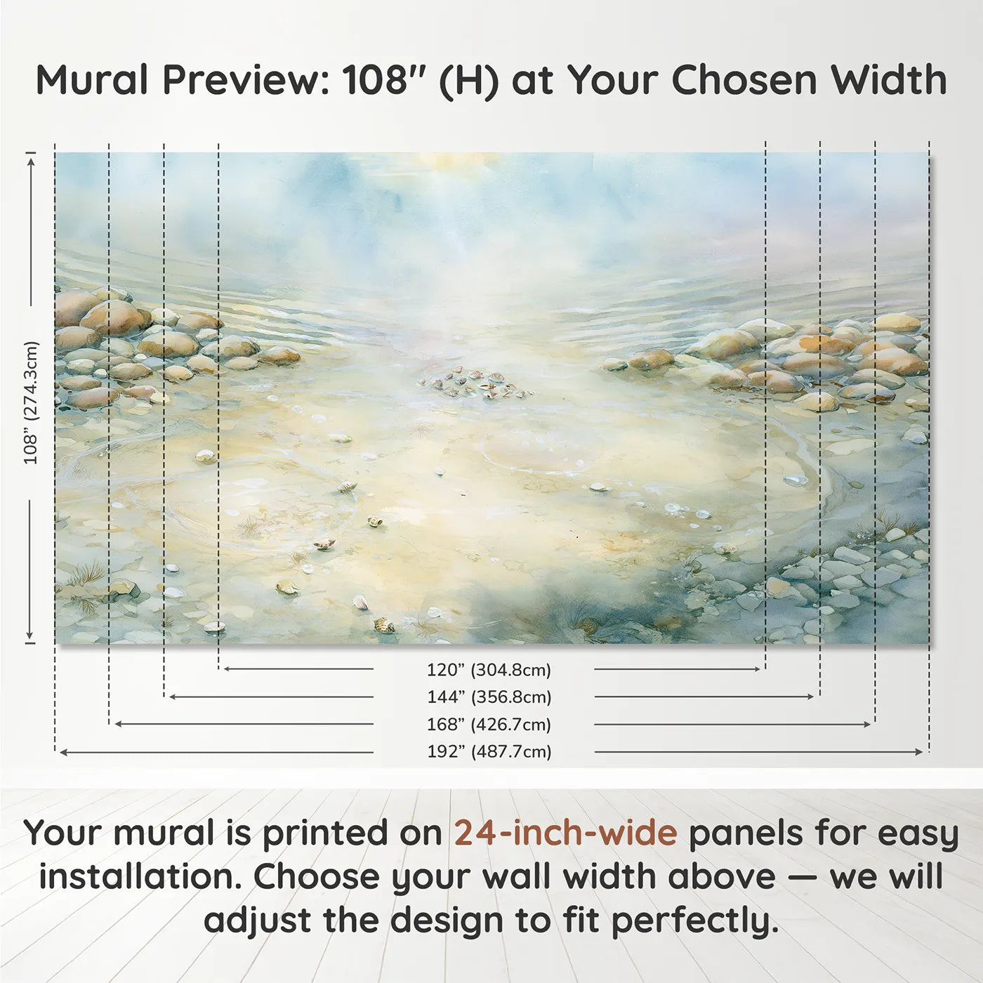 Panel layout and dimensions for Sandy Seabed Hush Wallpaper Mural by Whimsy Tots