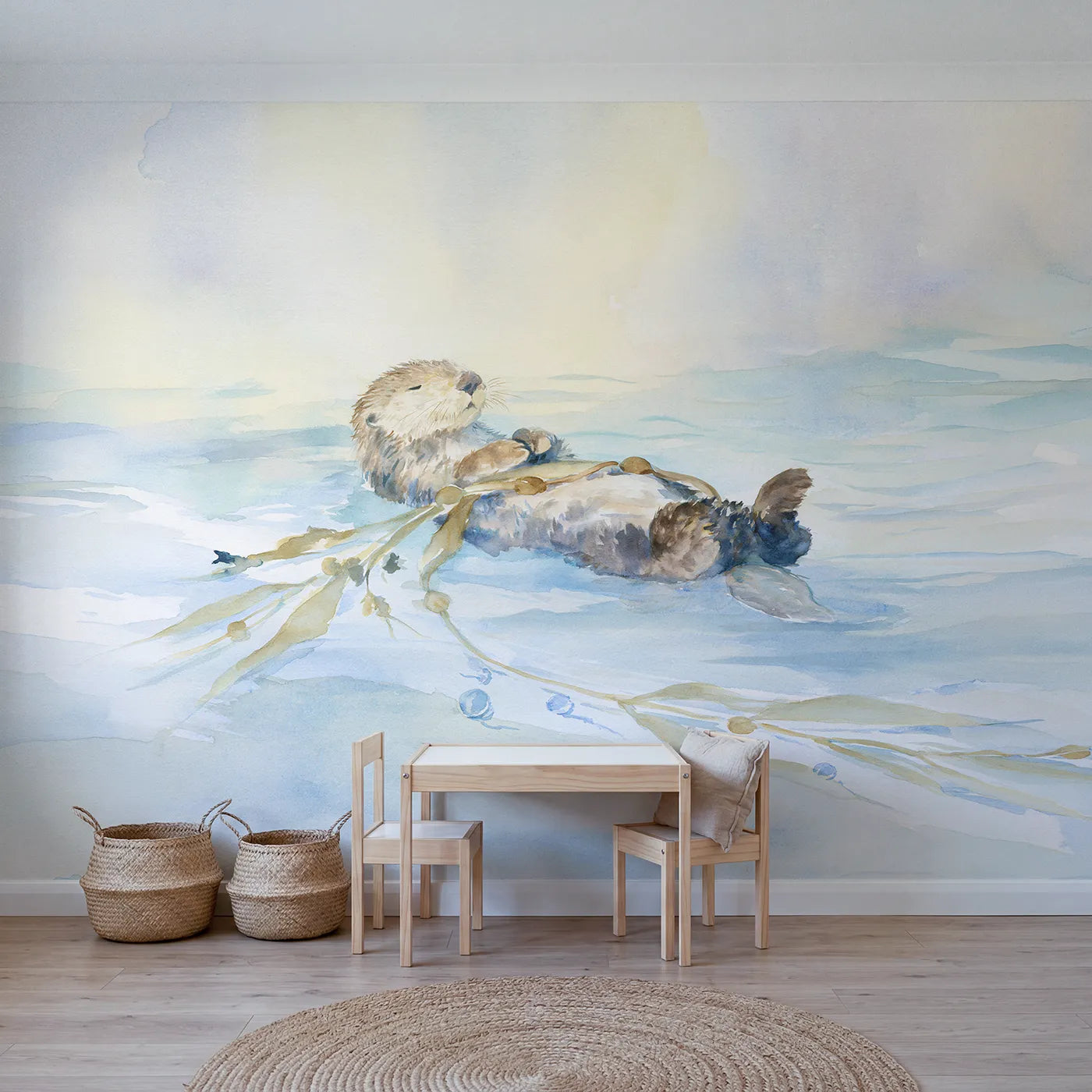 Watercolor wall mural of a floating sea otter by Whimsy Tots