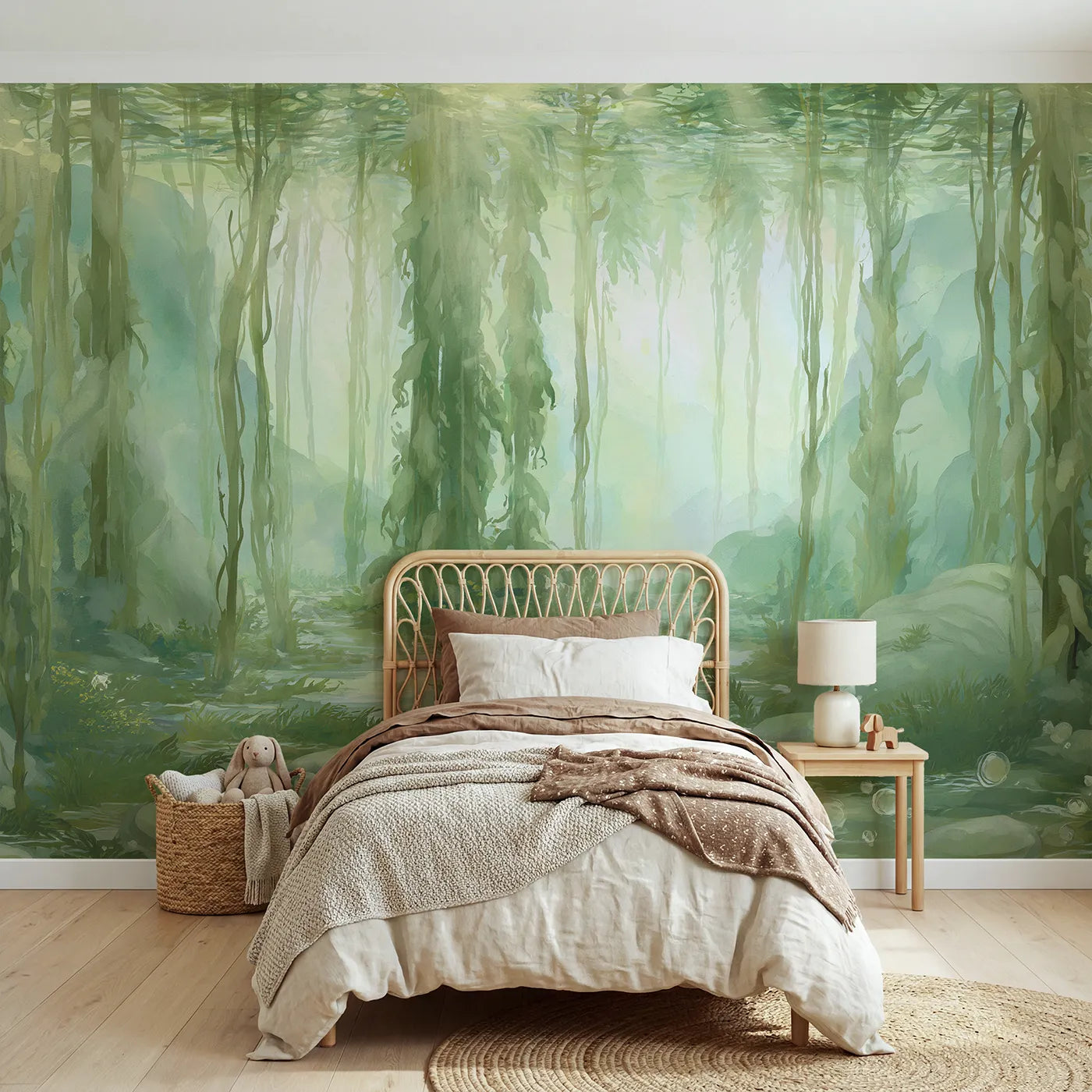Watercolor wall mural of soft kelp light drifting by Whimsy Tots