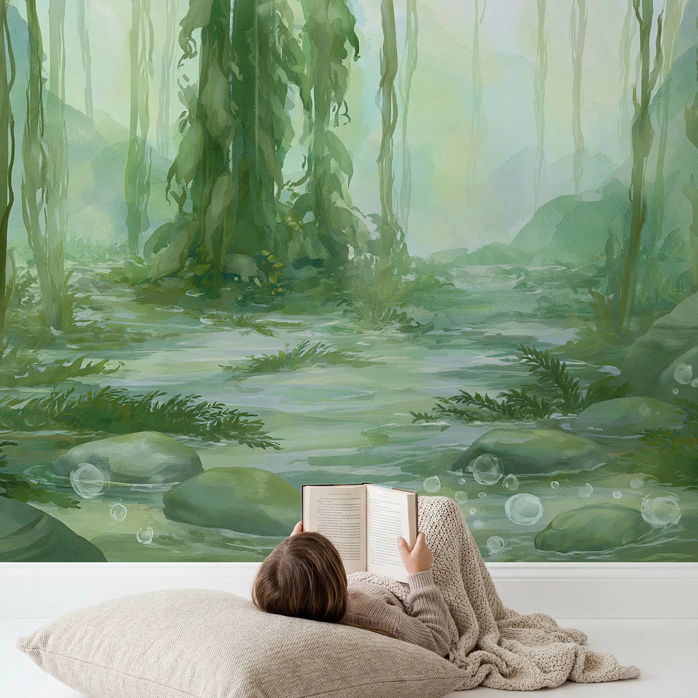 Child in nursery with Kelp Light Drift Wallpaper Mural by Whimsy Tots
