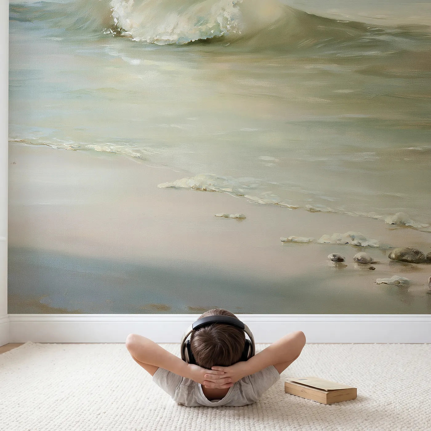 Child in nursery with Gentle Wave Curl Wallpaper Mural by Whimsy Tots