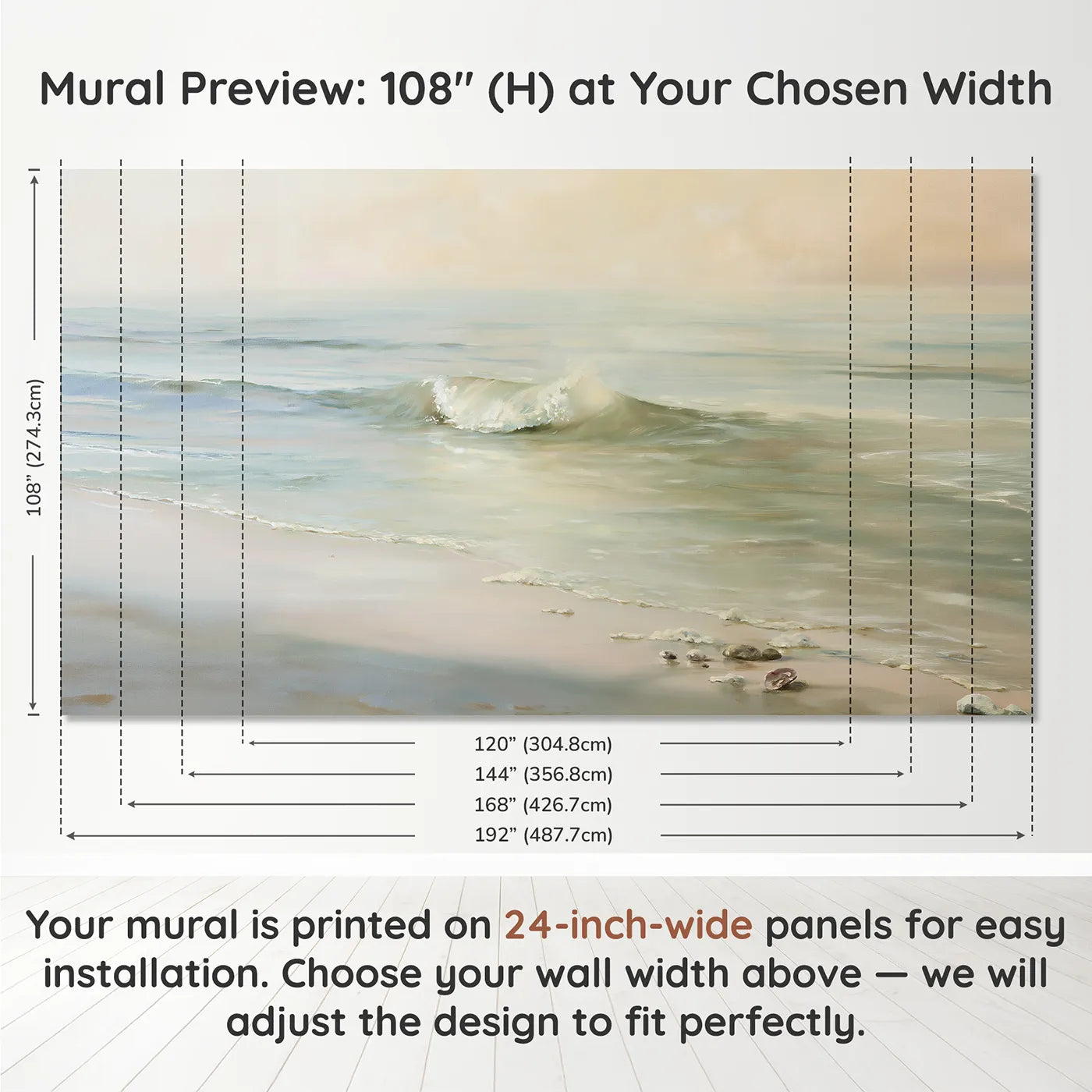 Panel layout and dimensions for Gentle Wave Curl Wallpaper Mural by Whimsy Tots