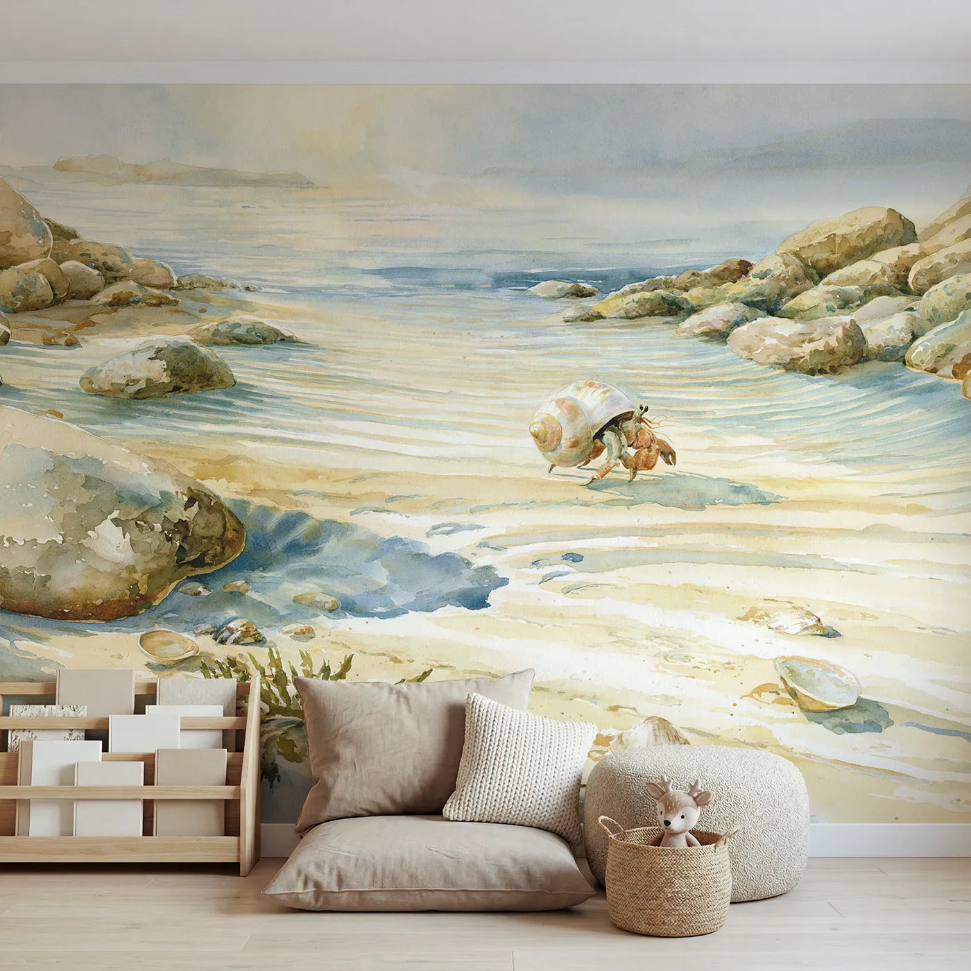 Watercolor wall mural of a hermit crab with its shell by Whimsy Tots