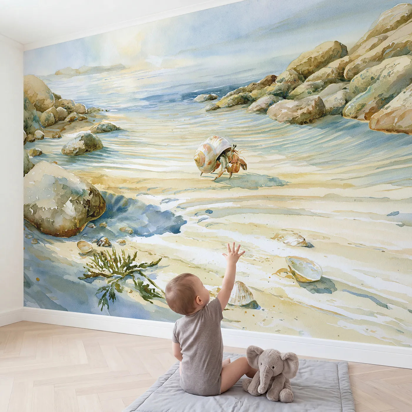 Child in nursery with Hermit Crab Shell Wallpaper Mural by Whimsy Tots