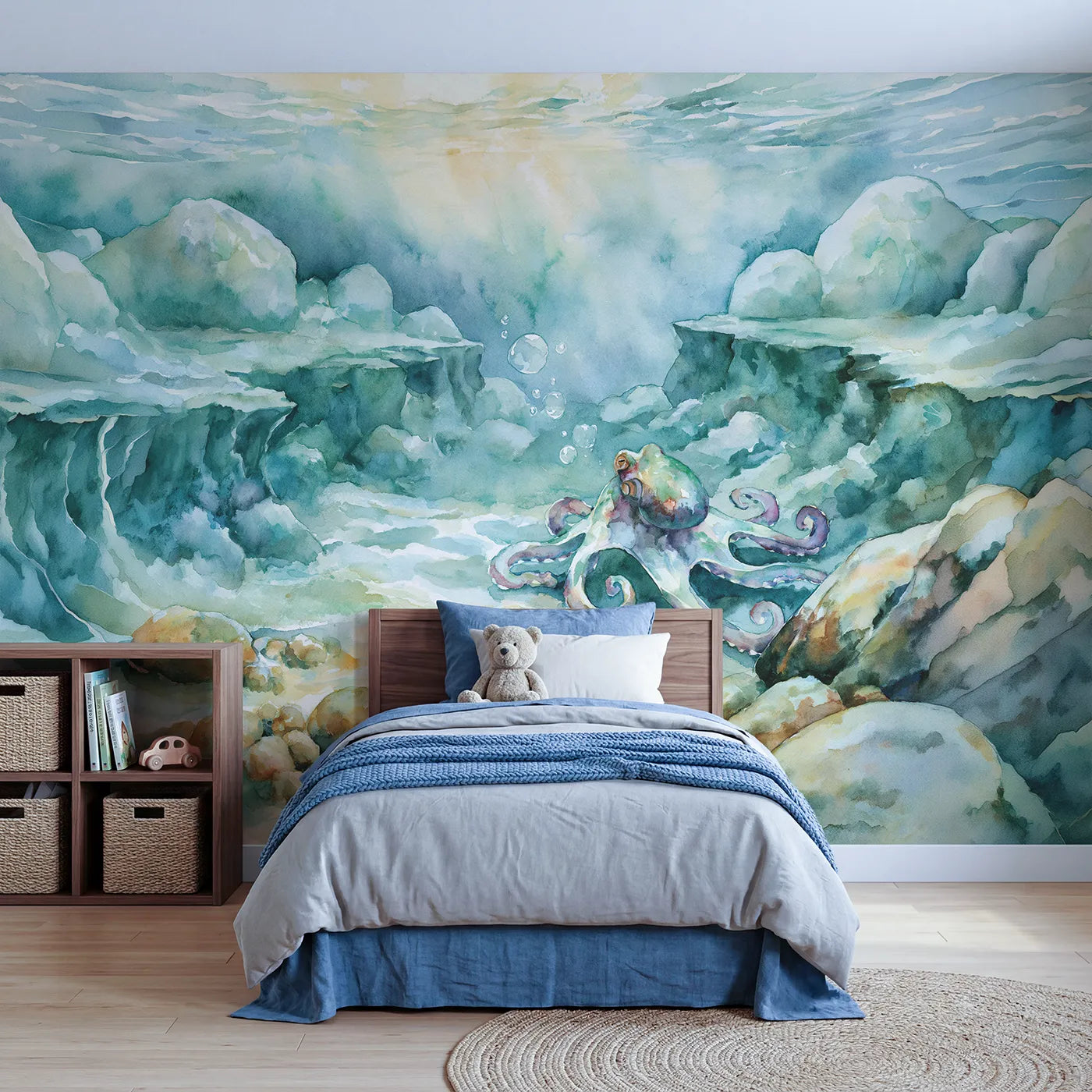 Watercolor wall mural of a curious octopus seabed by Whimsy Tots