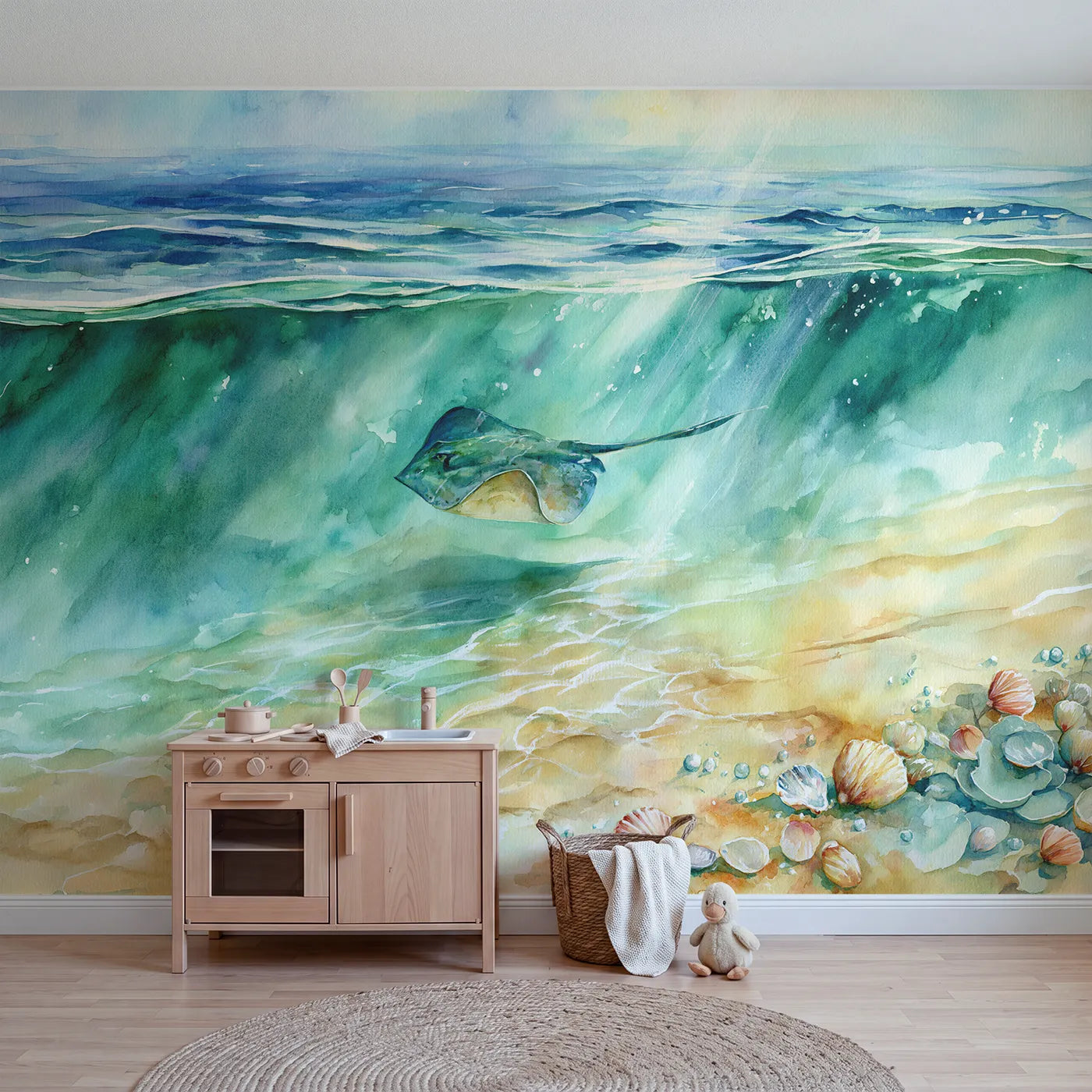 Watercolor wall mural of a stingray over sunlit sand by Whimsy Tots