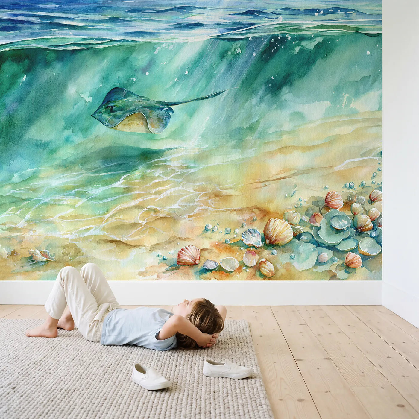 Child in nursery with Spotted Stingray Sand Wallpaper Mural by Whimsy Tots