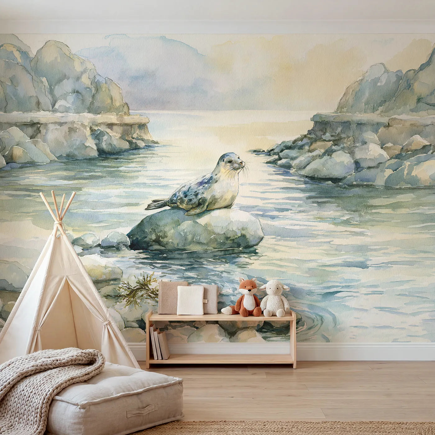 Watercolor wall mural of a harbor seal in a cove by Whimsy Tots