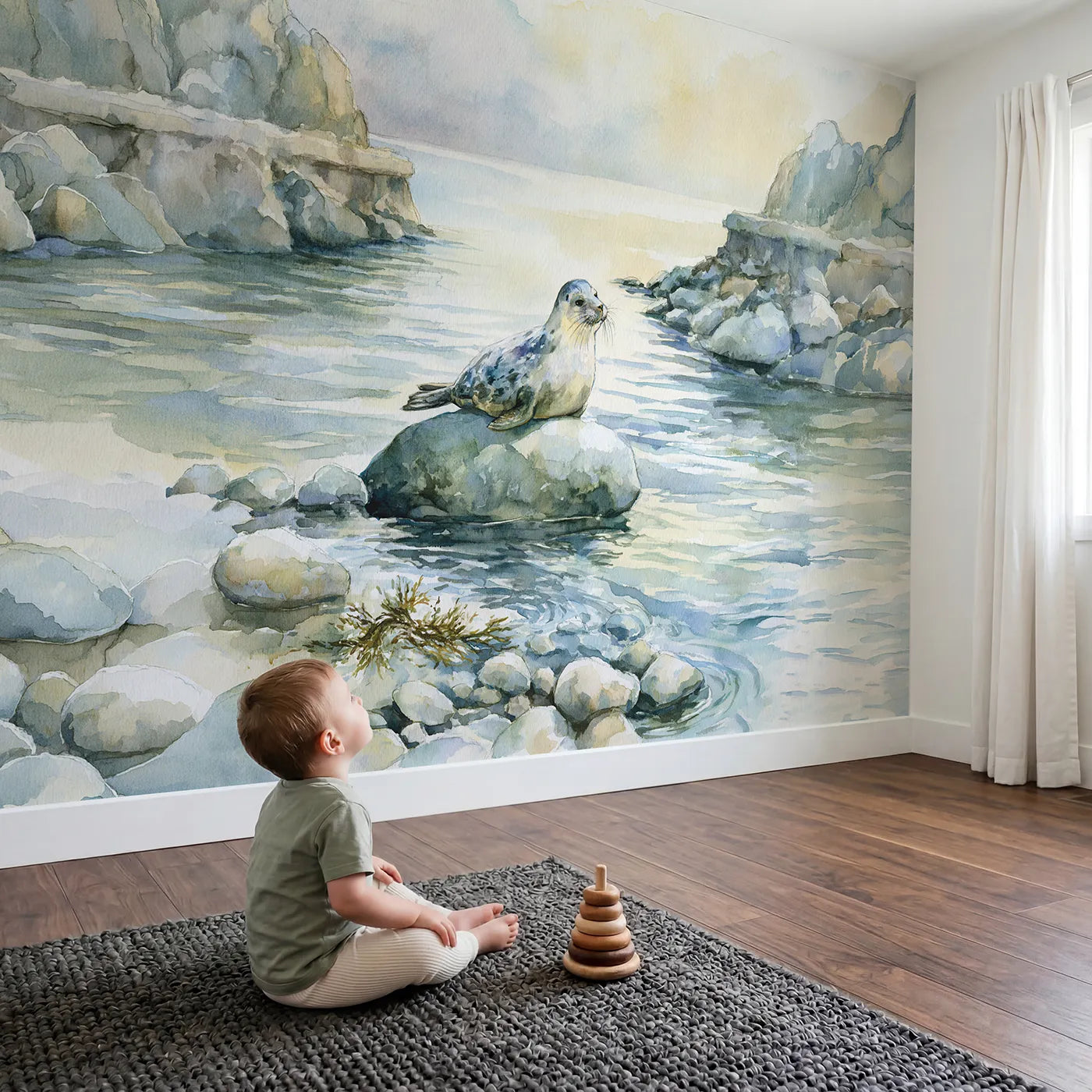 Child in nursery with Harbor Seal Cove Wallpaper Mural by Whimsy Tots