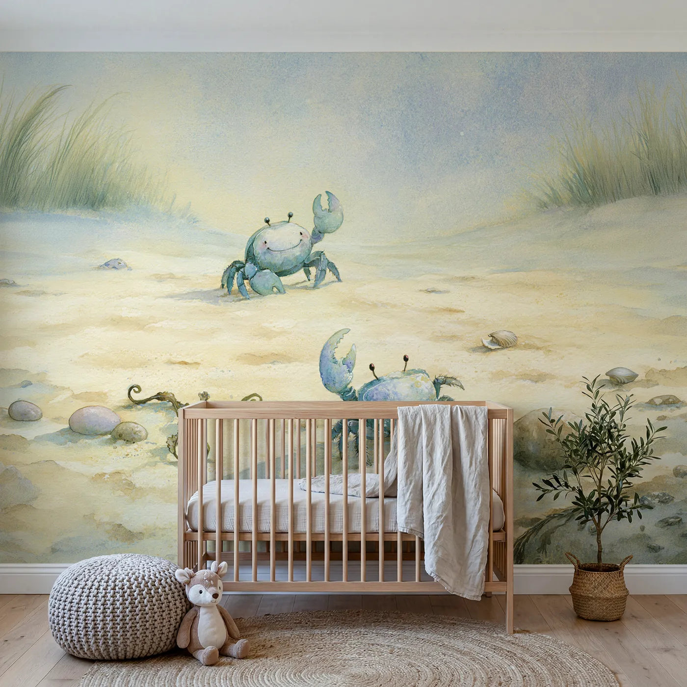 Storybook wall mural of a happy crab waving hello by Whimsy Tots