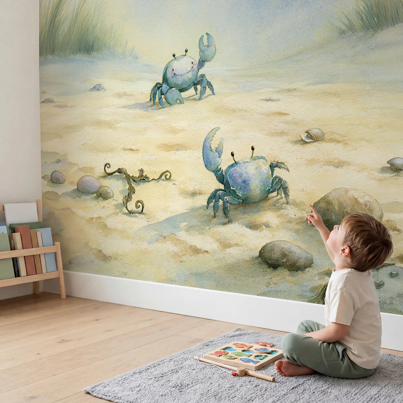 Child in nursery with Happy Crab Wave Wallpaper Mural by Whimsy Tots