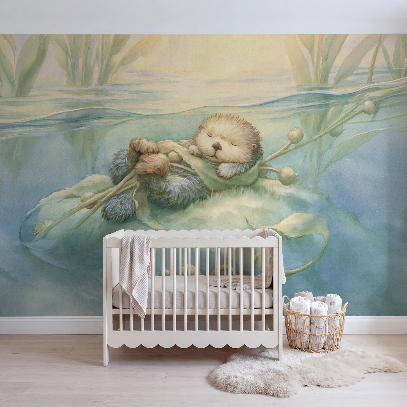 Storybook wall mural of a sleepy sea otter by Whimsy Tots