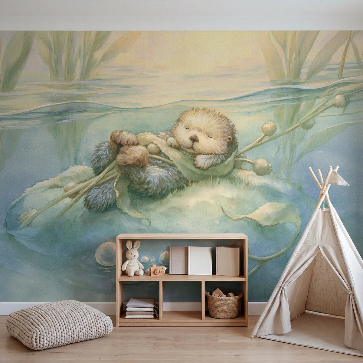 Sleepy Sea Otter Wallpaper Mural in playroom setting by Whimsy Tots
