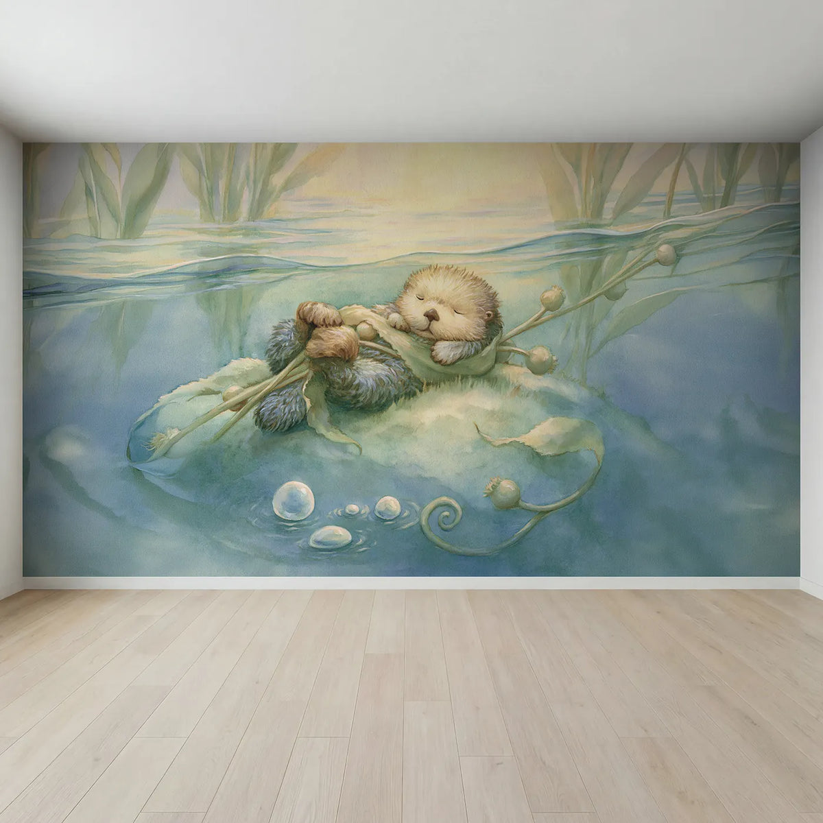 Full view of Sleepy Sea Otter Wallpaper Mural by Whimsy Tots