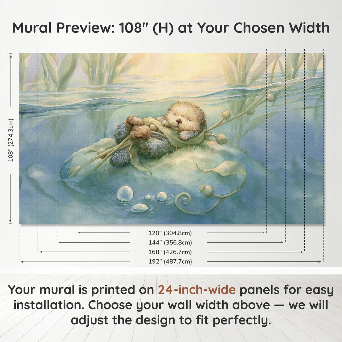 Panel layout and dimensions for Sleepy Sea Otter Wallpaper Mural by Whimsy Tots