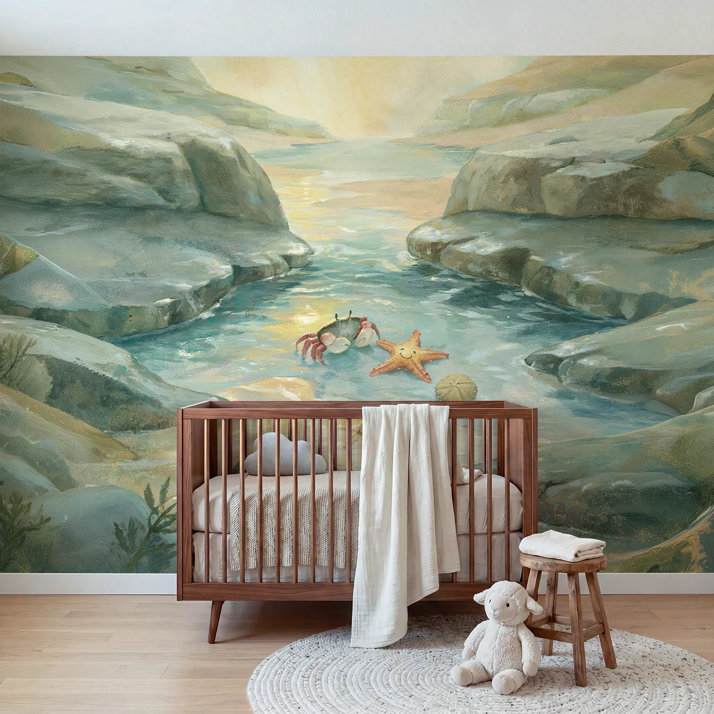 Storybook wall mural of tide pool friends by Whimsy Tots