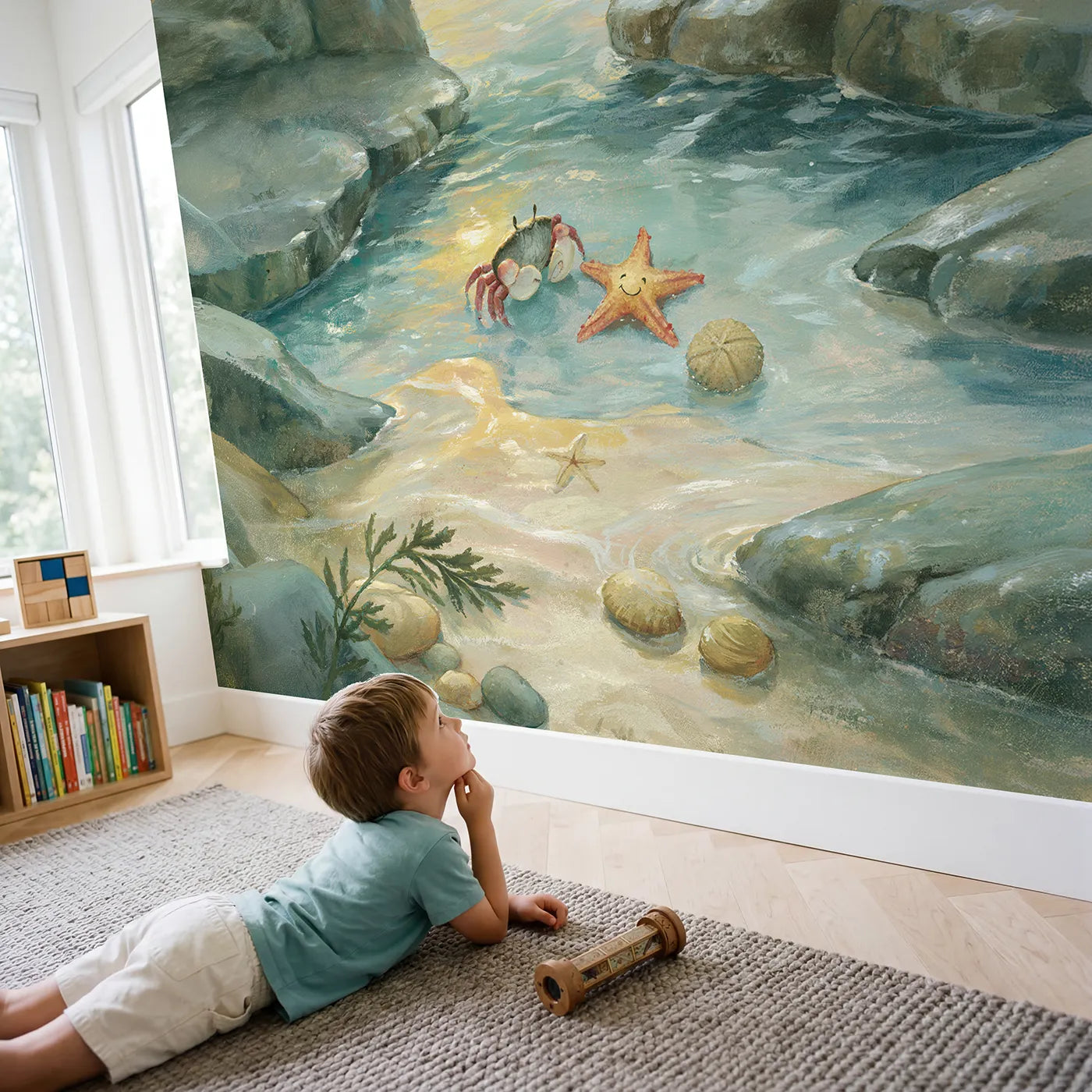 Child in nursery with Tide Pool Friends Wallpaper Mural by Whimsy Tots
