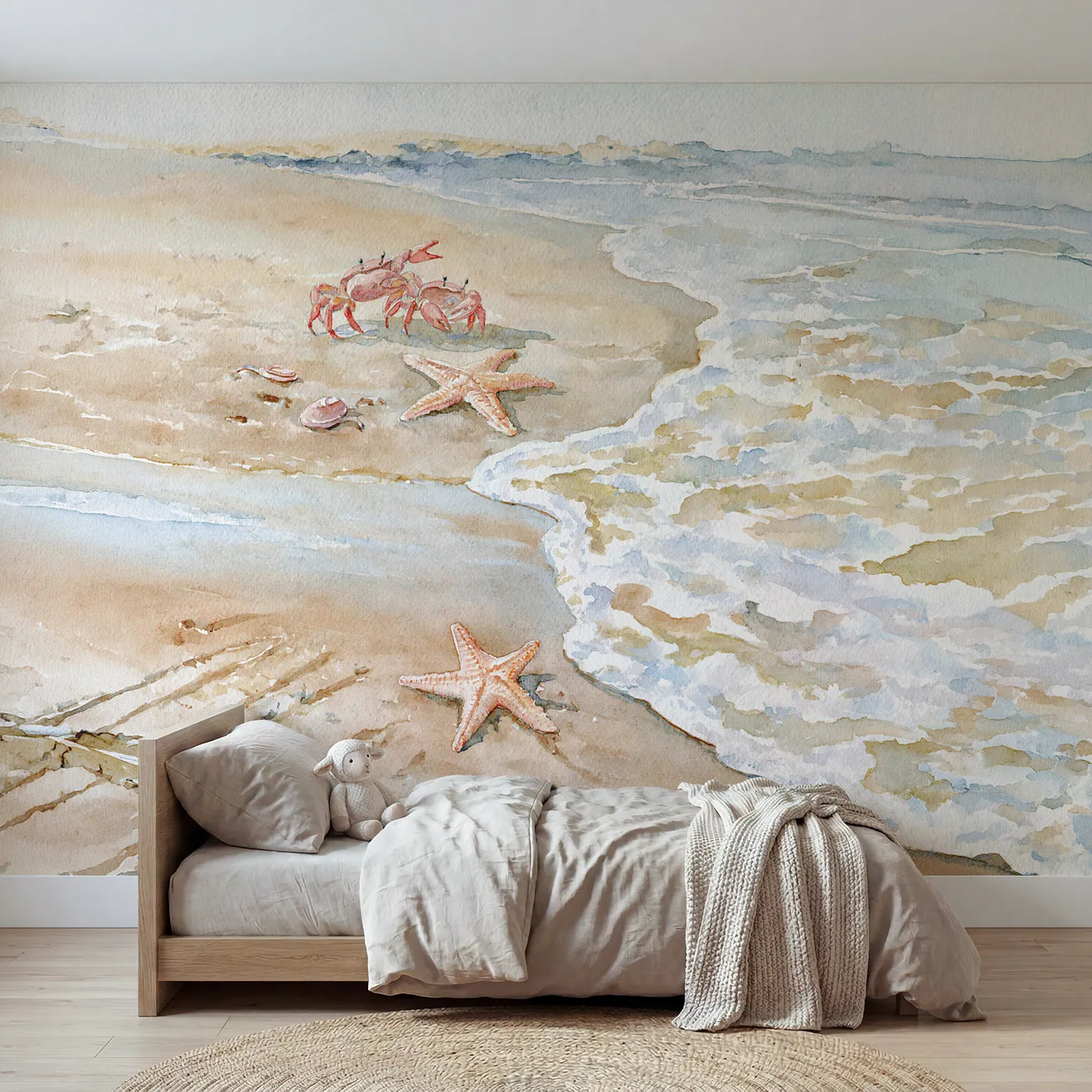 Watercolor crabs rescuing a stranded starfish, wall mural for a big-kid bedroom by Whimsy Tots