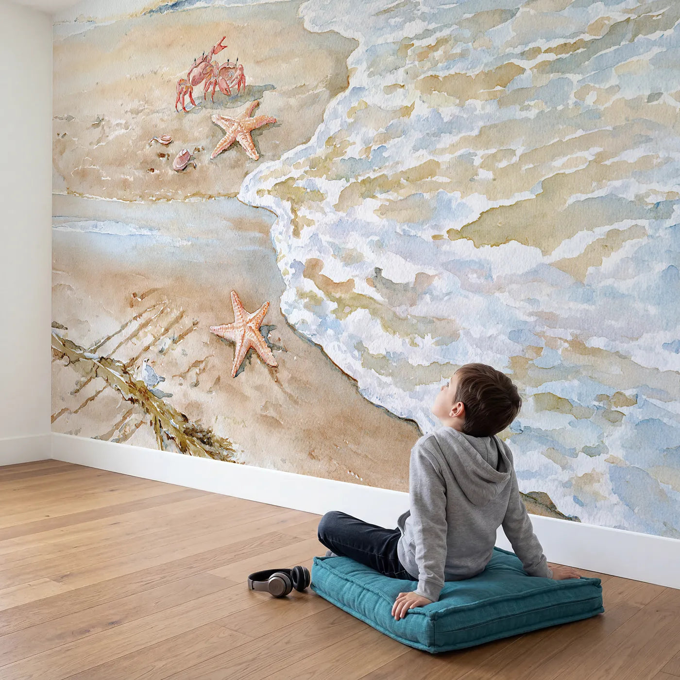 Child in nursery with The Tide Pool Rescue Wallpaper Mural by Whimsy Tots