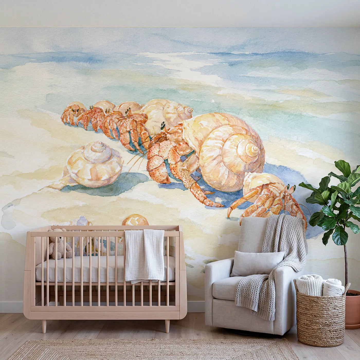 Watercolor hermit crabs queueing for a shell swap, wall mural for a kids room by Whimsy Tots