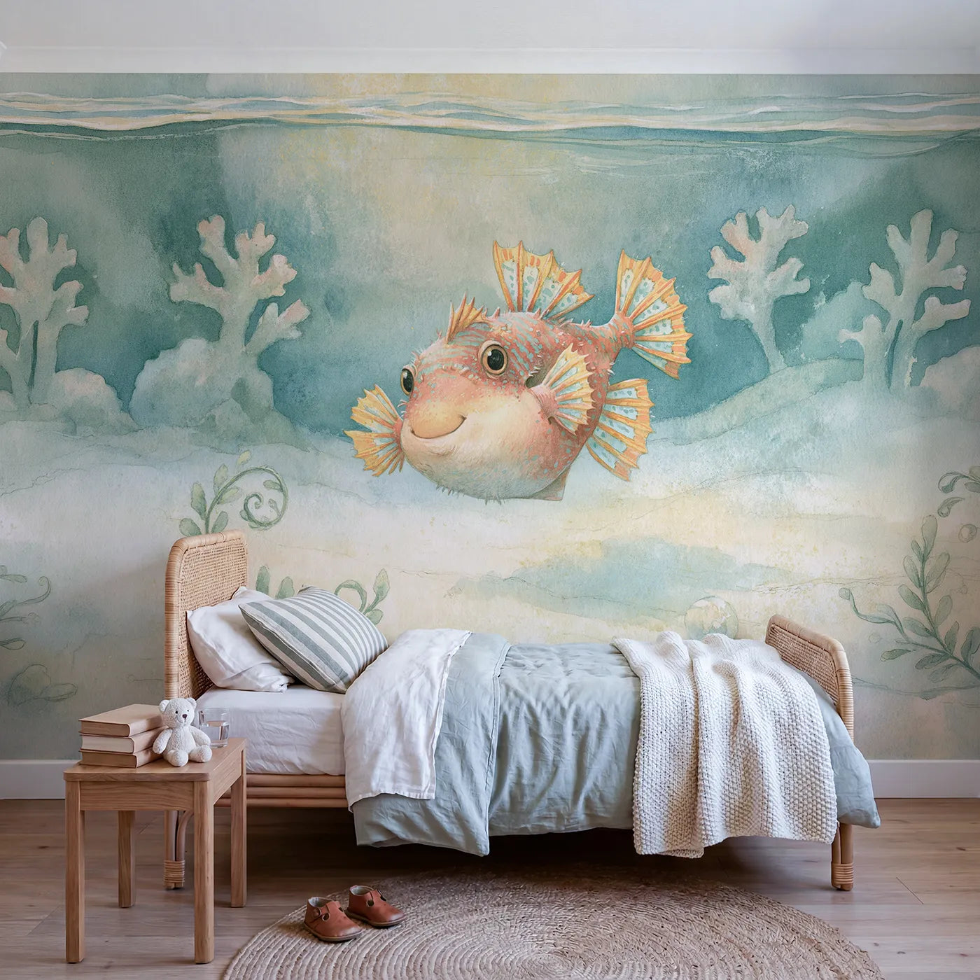 Storybook wall mural of a cheerful triggerfish by Whimsy Tots