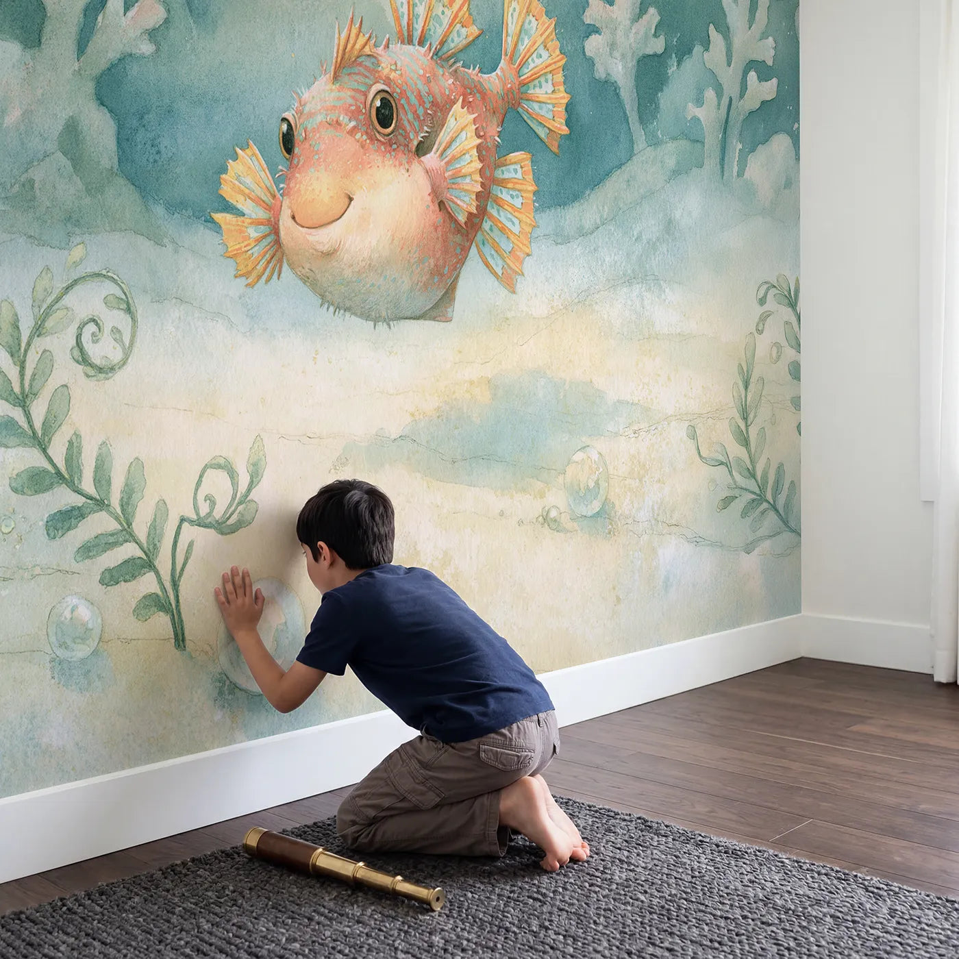 Child in nursery with Cheerful Triggerfish Wallpaper Mural by Whimsy Tots
