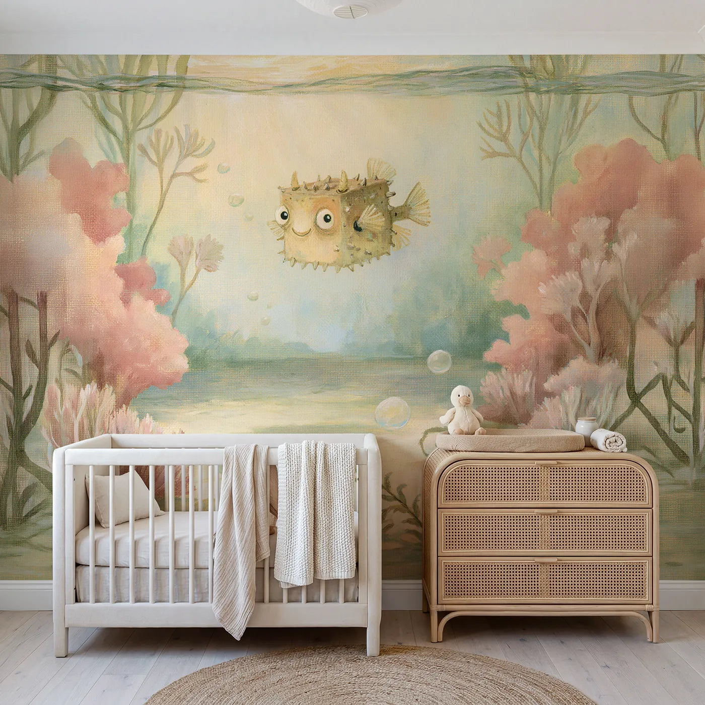 Storybook wall mural of a funny boxy cowfish by Whimsy Tots