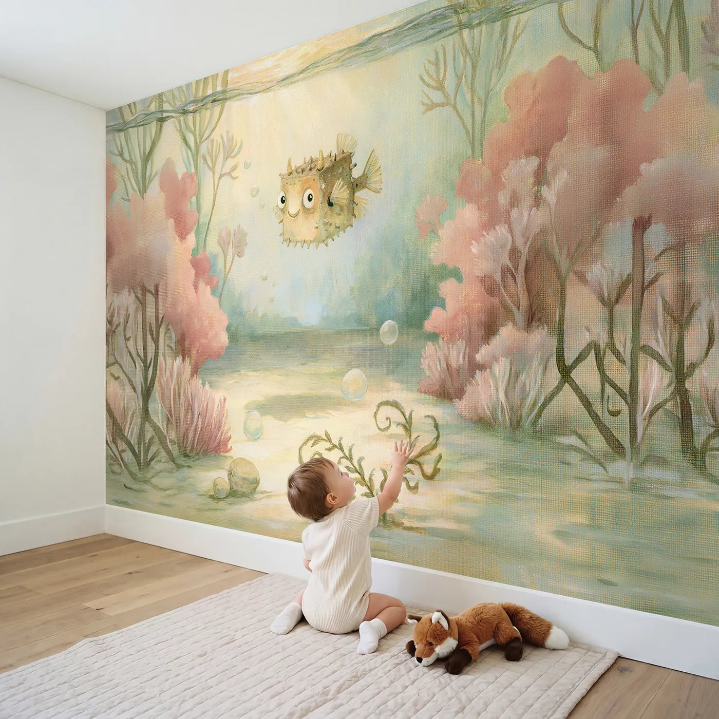 Child in nursery with Funny Cowfish Wallpaper Mural by Whimsy Tots