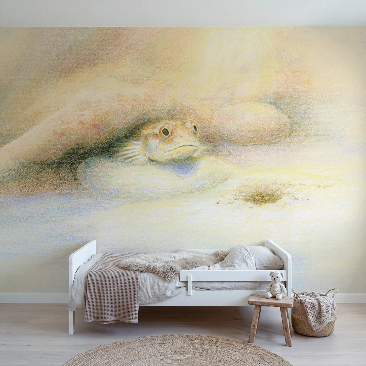 Colored-pencil wall mural of a little goby by its burrow by Whimsy Tots