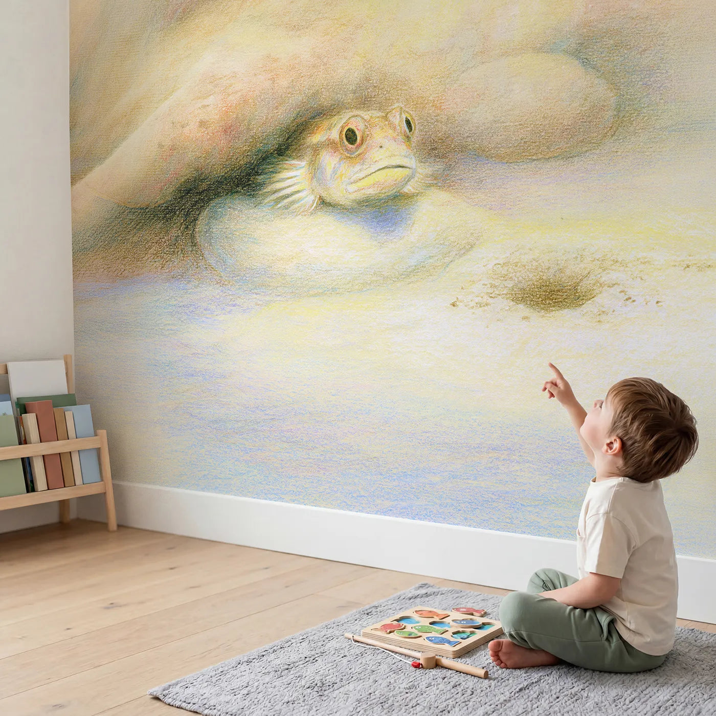 Child in nursery with Little Goby Wallpaper Mural by Whimsy Tots