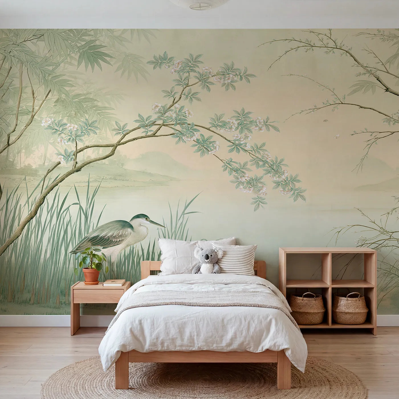 Chinoiserie wall mural of a heron among reeds by Whimsy Tots