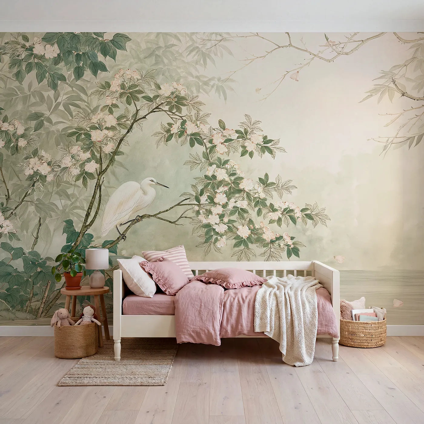 Chinoiserie wall mural of an egret on a blossom bough by Whimsy Tots