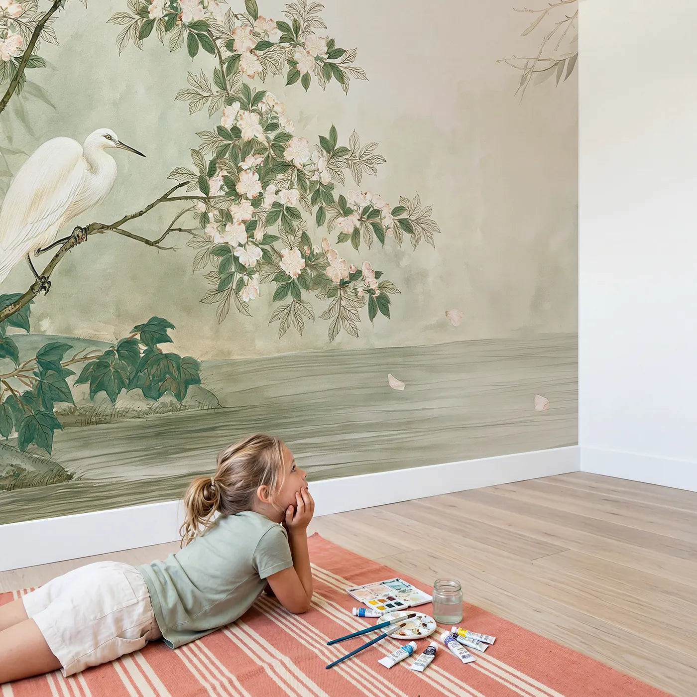 Child in nursery with Egret Blossom Bough Wallpaper Mural by Whimsy Tots