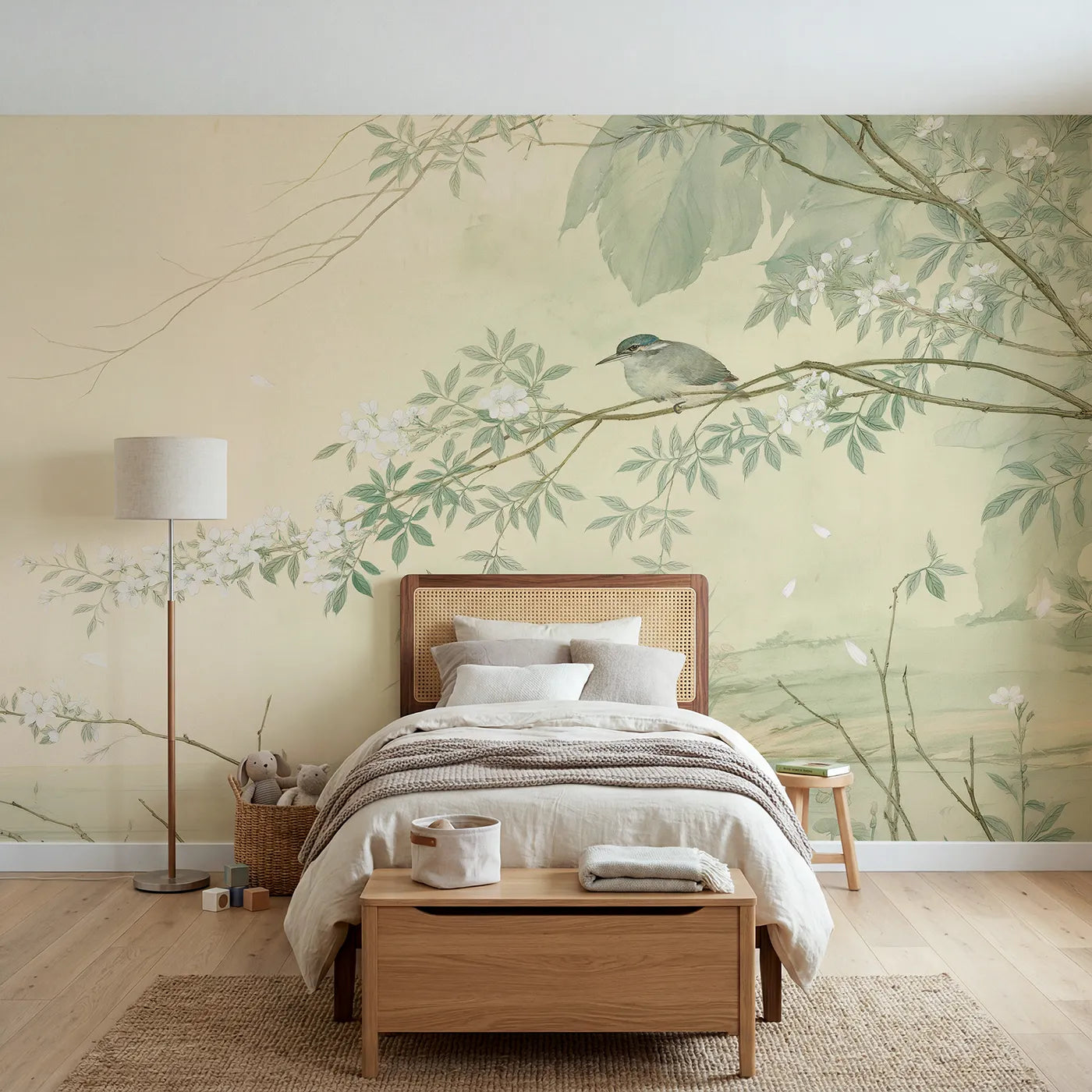 Chinoiserie wall mural of a kingfisher water garden by Whimsy Tots