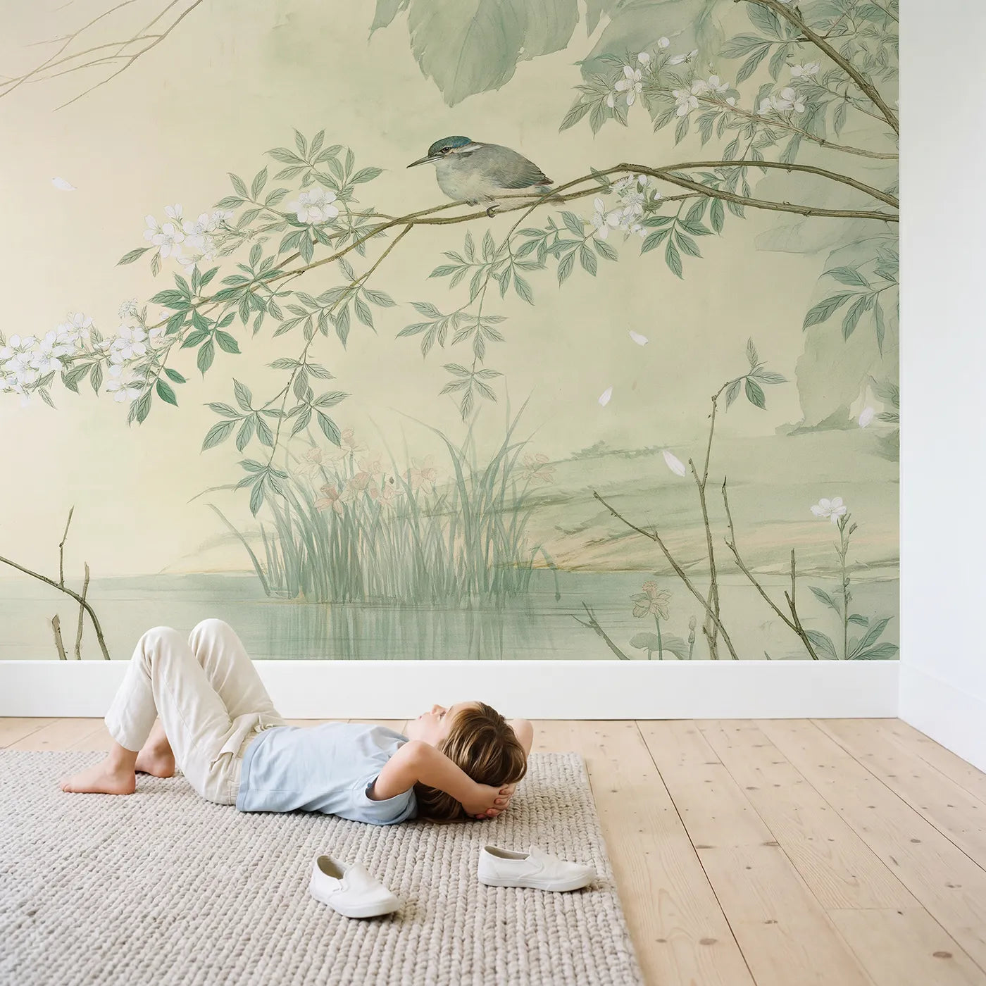 Child in nursery with Kingfisher Water Garden Wallpaper Mural by Whimsy Tots