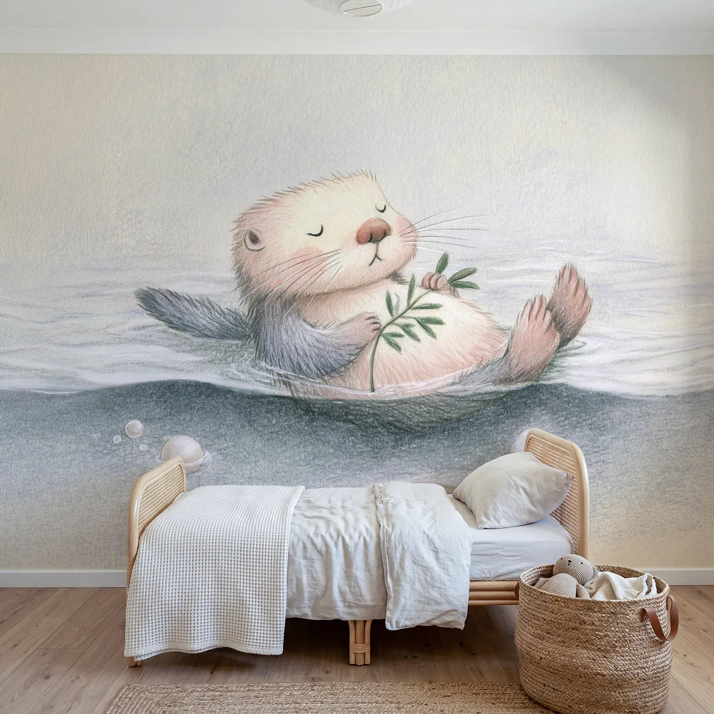 Colored-pencil wall mural of a soft otter float by Whimsy Tots