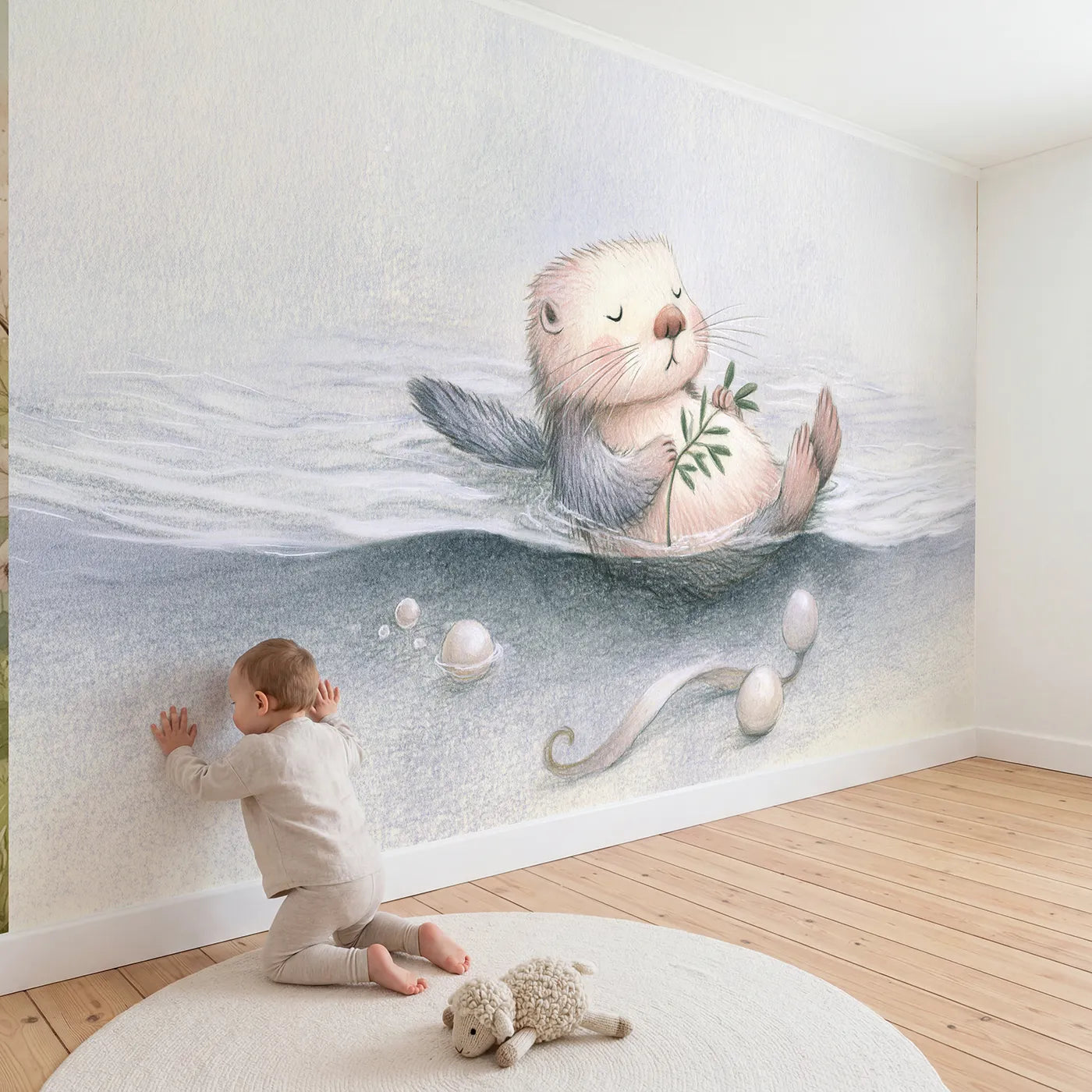 Child in nursery with Soft Otter Float Wallpaper Mural by Whimsy Tots