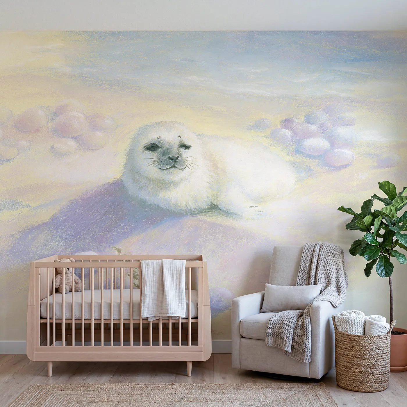 Soft pastel wall mural of a nestled baby seal pup by Whimsy Tots