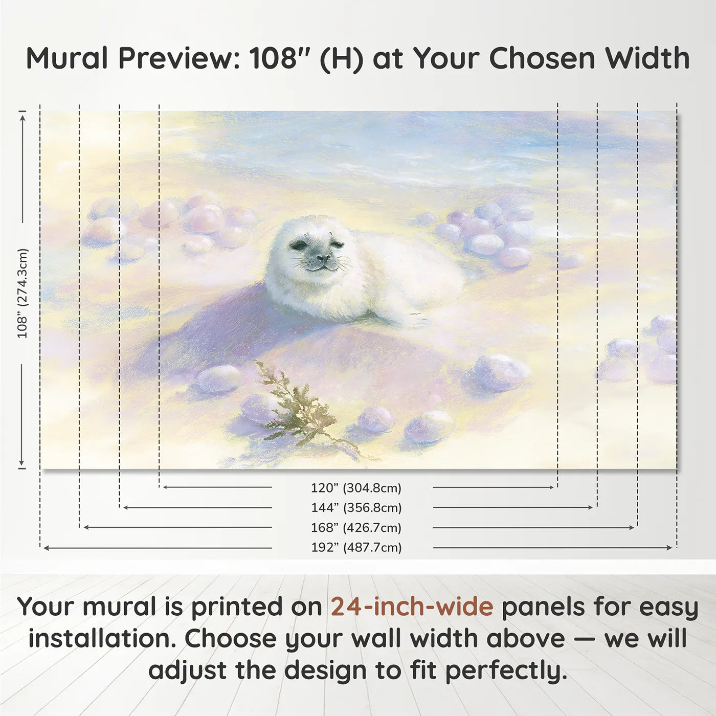 Panel layout and dimensions for Baby Seal Pup Wallpaper Mural by Whimsy Tots