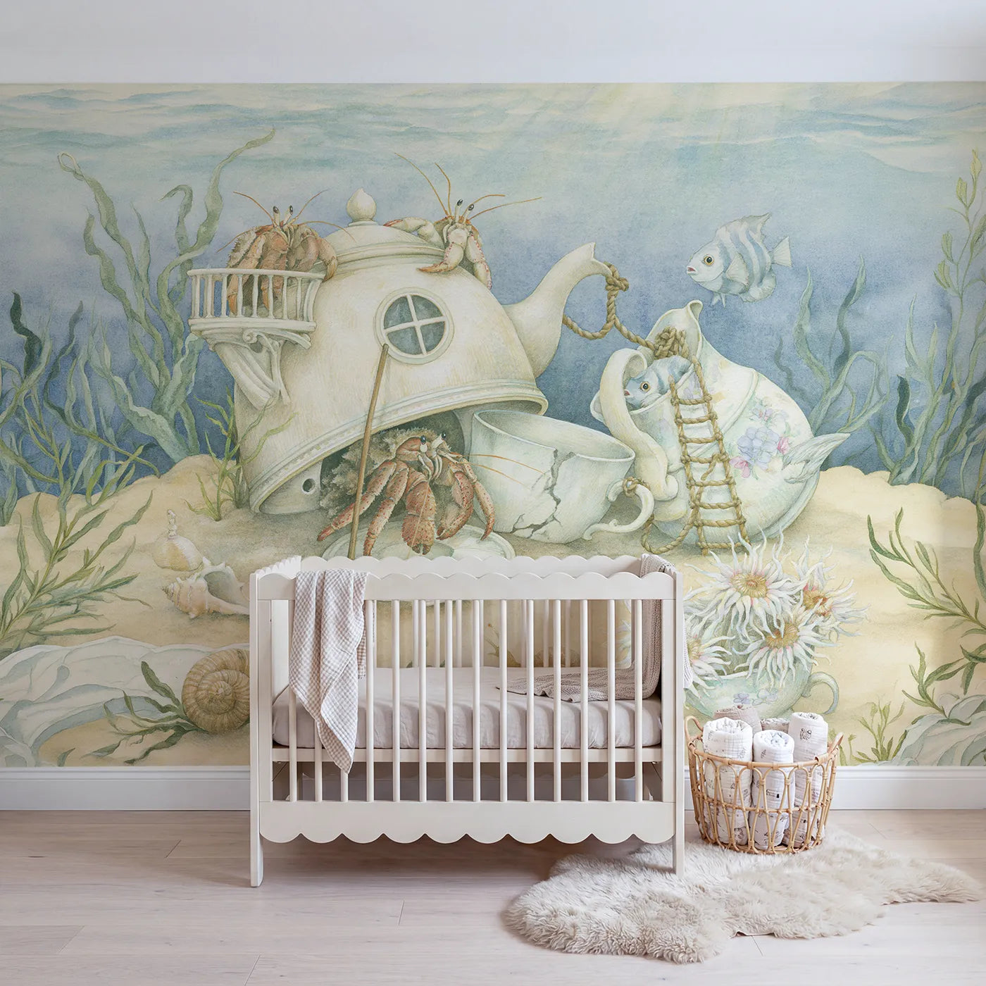 Storybook teapot town of lost china on the seabed, wall mural for a kids room by Whimsy Tots