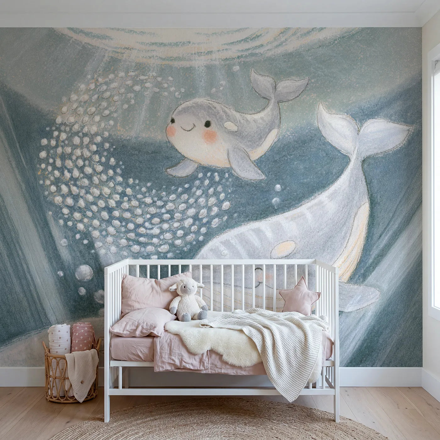 Colored Pencil whale calf looping through bubbles, wall mural for a toddler room by Whimsy Tots
